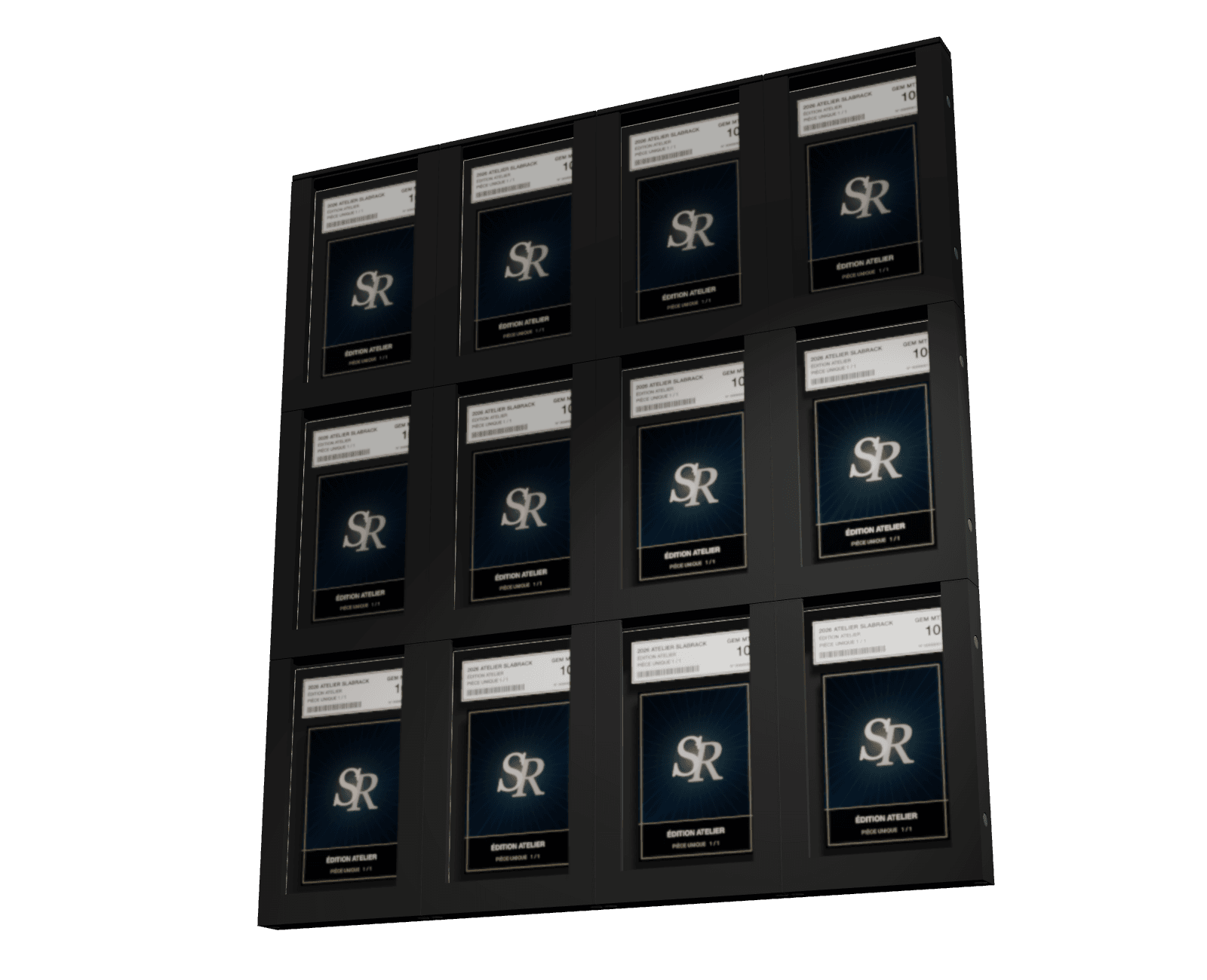 A wall of twelve black stands, four wide and three levels high